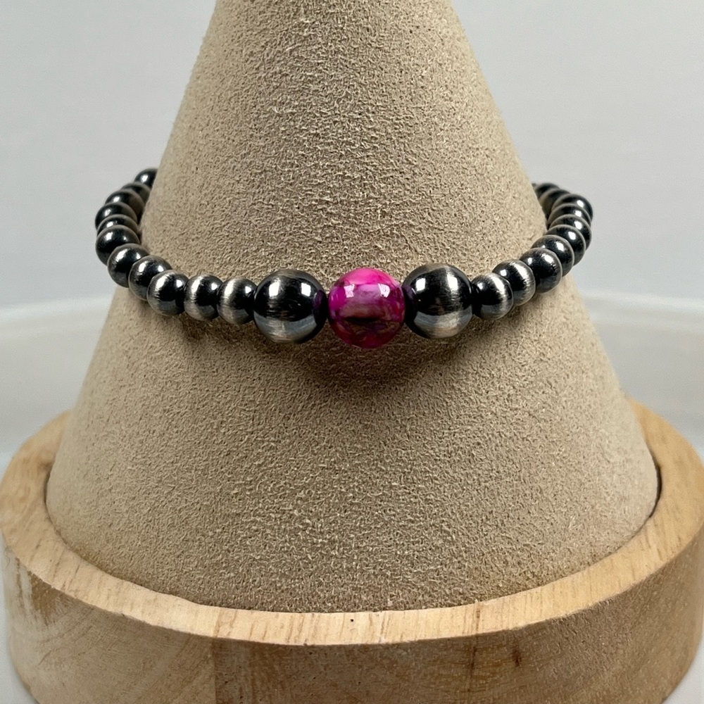 925 Solid Sterling Silver Desert Pearl Pink Dahlia Gemstone Stretch Bracelet